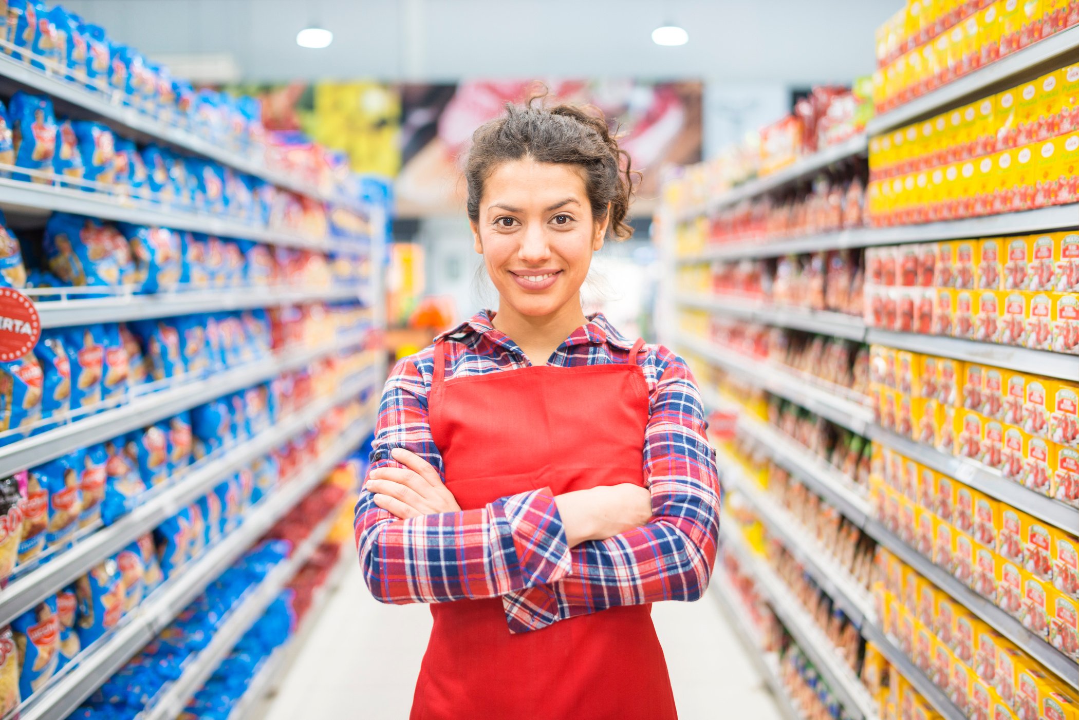 Supermarket worker woman in Argentina